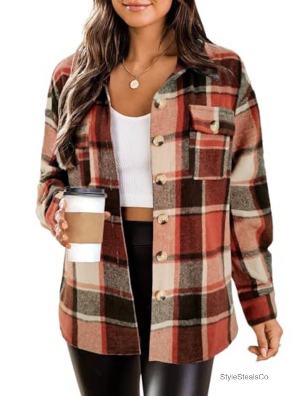 Women's Plaid Flannel Shacket Jacket Casual Button Down